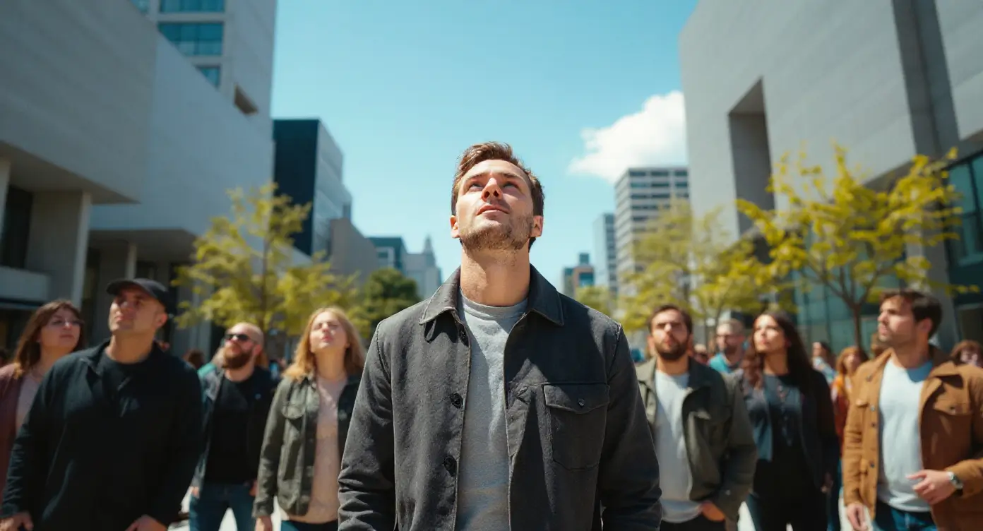 Man in a dark jacket gazing up at the sky on a sunny city street while the people around him look up too