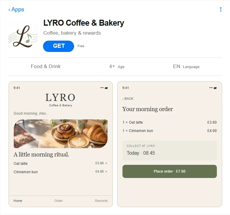 Before: An app store page: “Coffee, bakery & rewards”. After: An app store page: “Your usual, ready for you”, with the app in someone’s hand.