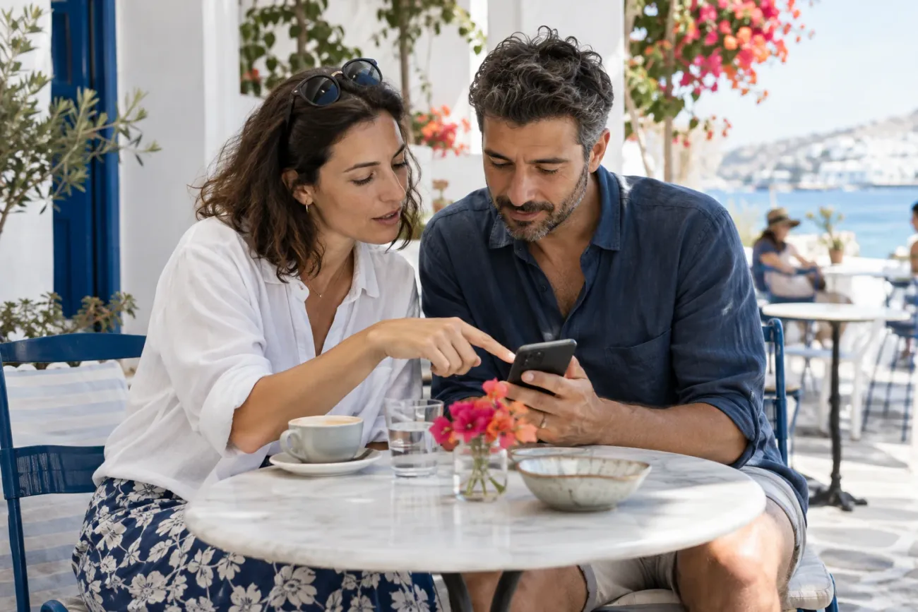 Illustrative scene: two people discussing something they have found on a phone