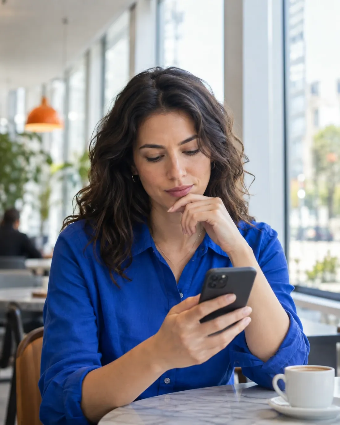 Illustrative scene: a woman considering something on her phone during a café visit