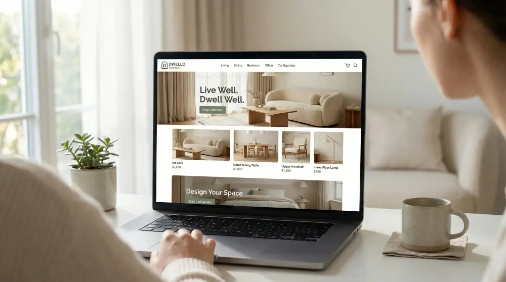 A woman reading an invented furniture company’s website on a laptop at a kitchen table