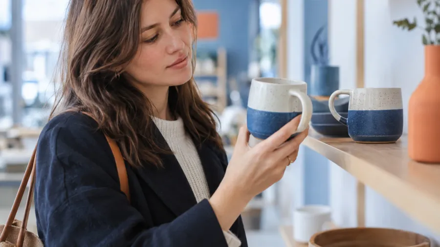 A shopper comparing two ceramic mugs in a shop