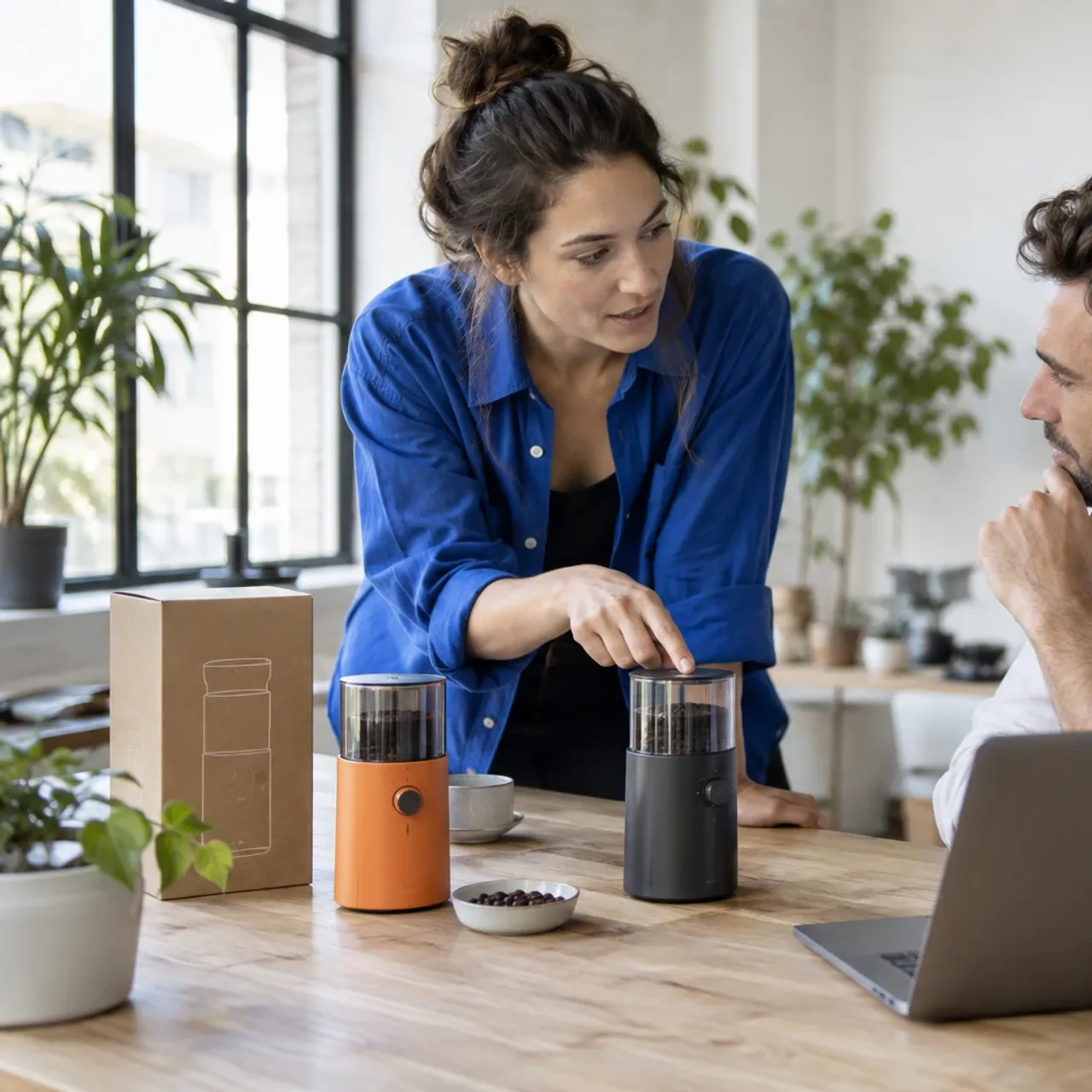 Two people discussing a compact coffee grinder and its launch at a worktable